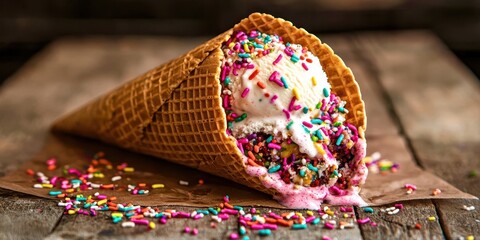 Cone of ice cream with sprinkles on top