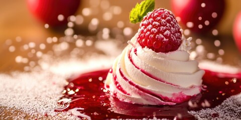 Raspberry cake with whipped cream and a raspberry on top