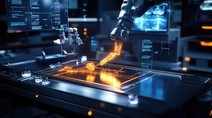 A glowing 3D holographic model of robotic surgical tools making precise movements during an operation, surrounded by floating data tracking each step of the minimally invasive procedure.