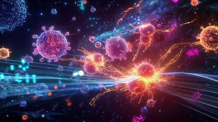A glowing 3D representation of immune system cells battling allergens, with streams of light representing immunotherapy treatments, and floating data visualizing autoimmune activity suppression.