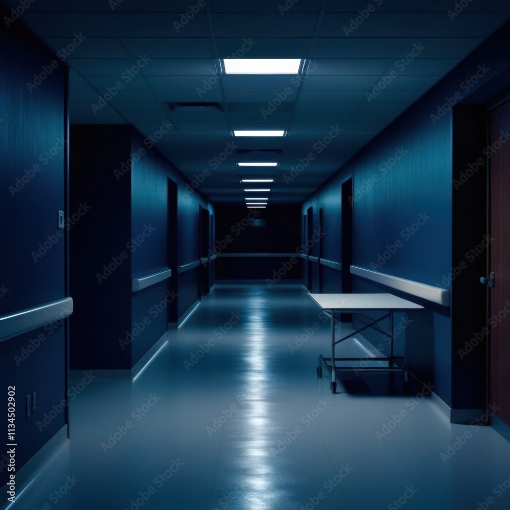 Poster hallway with a table in the middle