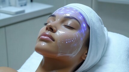 A woman receiving a facial treatment with LED lights for skincare.
