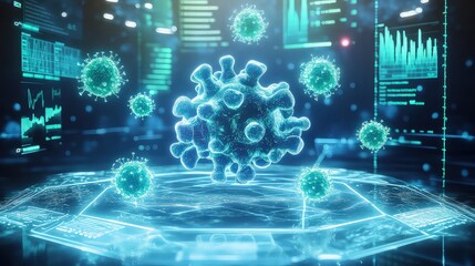 A glowing 3D representation of immune system cells with surrounding light beams showing immunotherapy treatments, with holographic charts displaying allergy suppression and immune balance.
