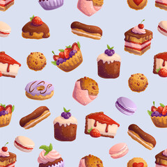 Seamless pattern with desserts. Vector illustration.