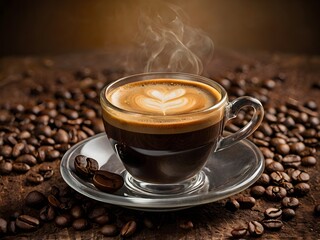 a cup of warm espresso coffee in the morning on the table