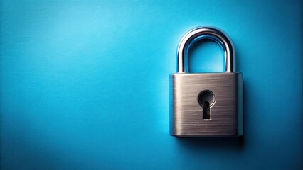 Naklejka premium Shiny silver lock with keyhole on blue background, shiny, silver, lock, keyhole, blue, background, security, protection, safety