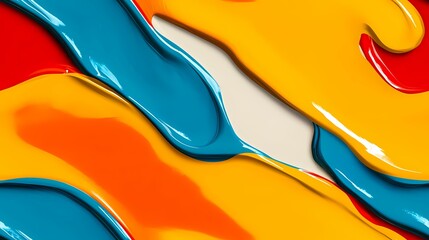 Abstract image of flowing, glossy paint in shades of red, orange, yellow, and teal.