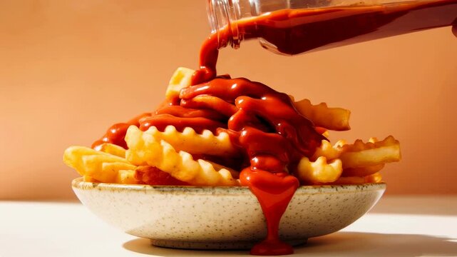 Bowl of french fries with a bottle of ketchup pouring over them