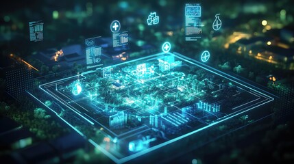 Glowing circuit board displays holographic data connections for a concept presentation background.