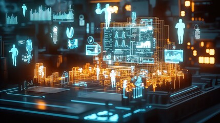 A glowing 3D model of a city with holographic displays of public health efforts like vaccination clinics, fitness programs