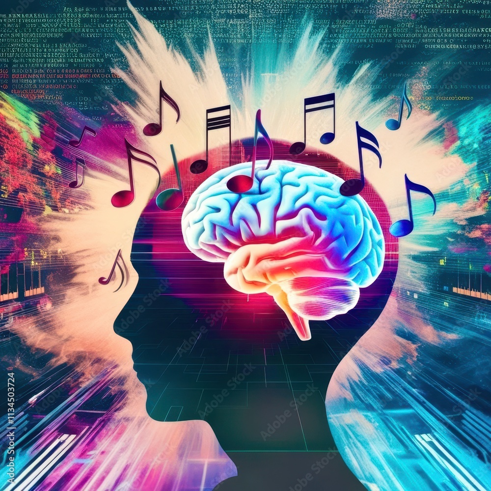 Poster brain with music notes surrounding it