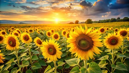 Fototapeta premium Golden green fields filled with towering sunflowers, agriculture, summer, nature, rural, landscape, sun, vibrant, growth