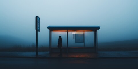 Woman standing on a bus stop in the evening on a foggy rainy day. One person on a bus stop waiting for public transport in the middle of nowhere.