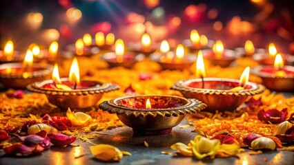 Obraz premium Diwali celebration with beautifully lit diyas and scattered flower petals , Diwali, celebration, lit diyas, flower petals