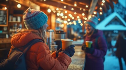 Two friends enjoy hot beverages at a cozy outdoor cafe. The winter atmosphere is warm and inviting. Lights sparkle against a chilly backdrop. Generative AI