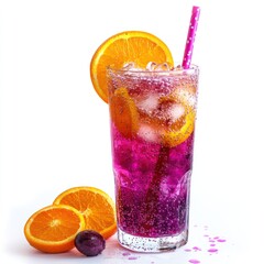 A vibrant purple drink garnished with orange slices and ice, served in a tall glass.