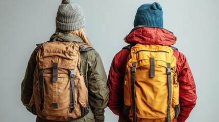 Obraz premium Two individuals with backpacks facing away, showcasing outdoor attire and accessories.