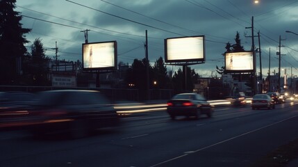 Dusk city street scene with blank billboards and blurred cars.