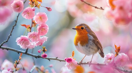 Fototapeta premium Robin bird on a branch with pink cherry blossoms in the background with copy space.