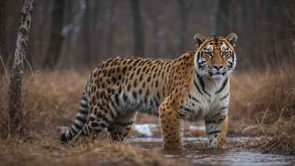 Fototapeta premium Majestic Amur tiger standing in a serene wetland amid tall grasses during early morning light