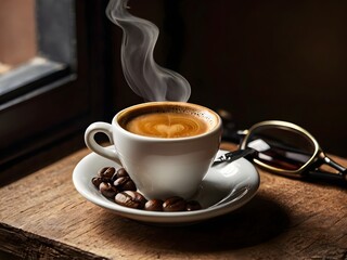Fototapeta premium a cup of warm espresso coffee in the morning on the table