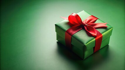 Obraz premium Green gift box tied with red ribbon, gift, present, box, ribbon, green, red, surprise, celebration, special occasion, holiday