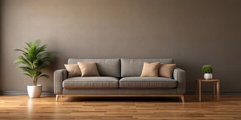 Gray sofa in a brown living room with copy space , gray, sofa, brown, living room, interior, copy space, modern, furniture