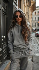 Fototapeta premium A young woman in a casual grey outfit poses confidently on a city street.