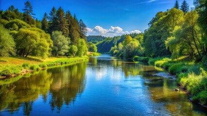 Scenic view of a tranquil river flowing through a lush, forested land under a clear blue sky, river, trees, forest