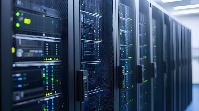 A row of server racks in a data center, showcasing advanced technology and digital storage.