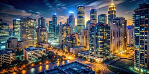 Night cityscape with illuminated buildings and streets , urban, city lights, nighttime, skyscrapers, glowing