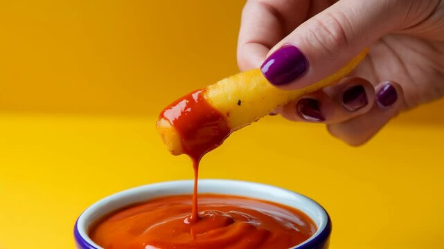 Person is dipping a french fry into a bowl of ketchup