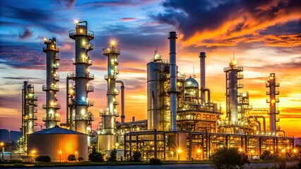 Fototapeta premium Oil refinery with pipes and lights glowing at dusk, oil refinery, industrial, pipes, lights, dusk, evening, energy