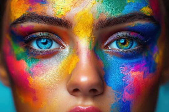 Woman with colorful paint splashing her face and blue eyes