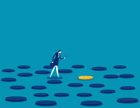 Business discovery coin. Business concentration and focus vector flat style