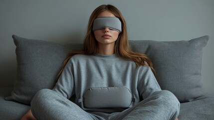 A woman in a gray outfit relaxes with a sleep mask and a pillow, promoting relaxation.