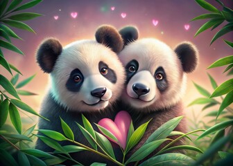 Fototapeta premium Cute Panda Valentine's Day Wall Art: Adorable Bamboo Lovers Close-Up Print