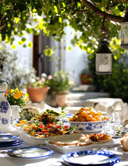 Rustic Outdoor Buffet Table with Fresh Vegetables, Salads, and Breads in a Lush Courtyard