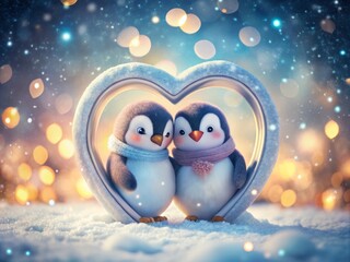 Obraz premium Cute Valentine's Day Penguin Photo Frame: Adorable Penguin Couple, Romantic Winter Scene, Wide Angle
