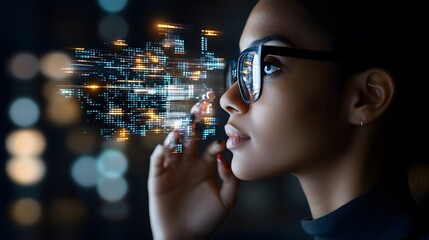 Woman analyzing futuristic digital data holograms with glowing interfaces reflected on her glasses in a dark environment