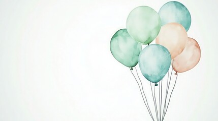 A delicate watercolor illustration of a cluster of balloons in pale green, soft blue, and delicate peach, floating gently against a minimalist white background. 