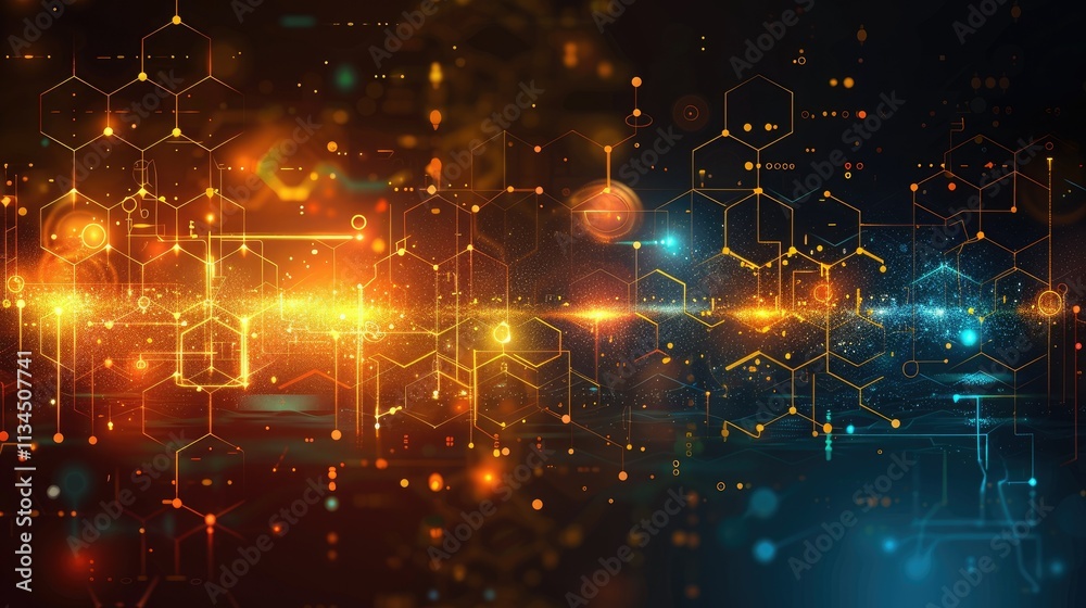 Poster abstract digital background with glowing hexagons and lines representing data and technology.