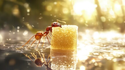 Naklejka premium A determined ant struggles to carry a large, gleaming sugar cube across a shimmering, light-dappled surface. The surrounding environment is softly blurred, with sunlight casting gentle reflections.