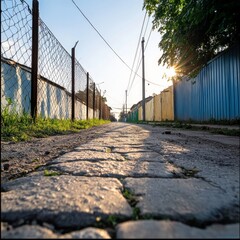 Obraz premium Serene Urban Alleyway at Sunrise with Cobblestone Pathway and Lush Greenery, Captured under Clear Sky in a Peaceful Neighborhood Setting