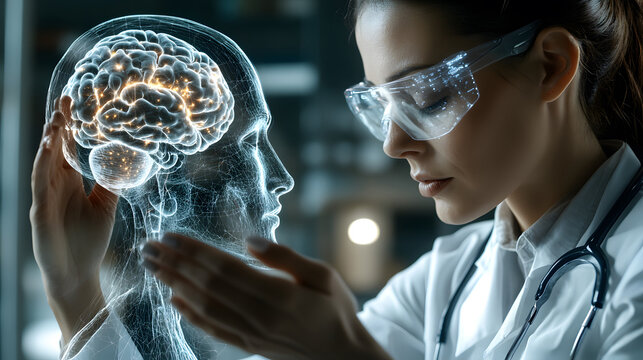 Female scientist examining a glowing holographic brain model with neural connections in a research laboratory