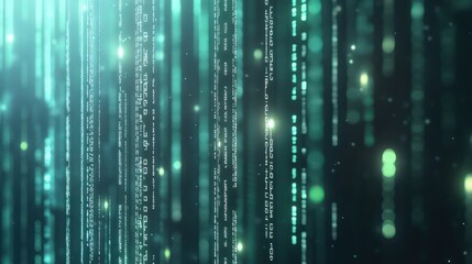 A digital abstract background featuring cascading streams of binary code, with a glowing grid overlay. The code flows vertically, creating a sense of depth and motion. 