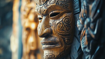 Intricate Wooden Mask Carved With Tribal Designs