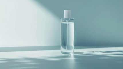 Transparent bottle with custom label, modern and minimalist design, positioned on a plain background with subtle reflections, ideal for high-end products
