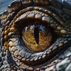 Fototapeta premium Close-Up View of a Crocodile's Eye at Water's Edge in Natural Habitat