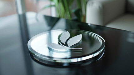 Transparent logo on a smooth glass surface, minimalist look